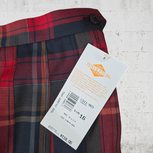 Vintage 70s Pendleton Red Dark Gray Tartan Plaid Pleated Wool Midi Skirt Size 16 - Picture 4 of 9